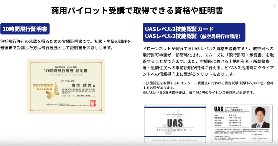 UASレベル2技術認証カードと10時間飛行履歴証明書
